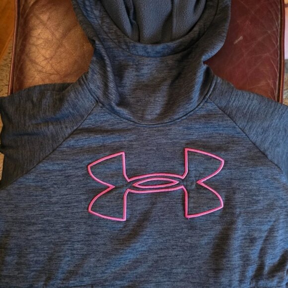 Under Armour Sweatshirt Womens Large Grey/Pink Cowl Neck Hoodie Logo Pullover - Picture 4 of 4